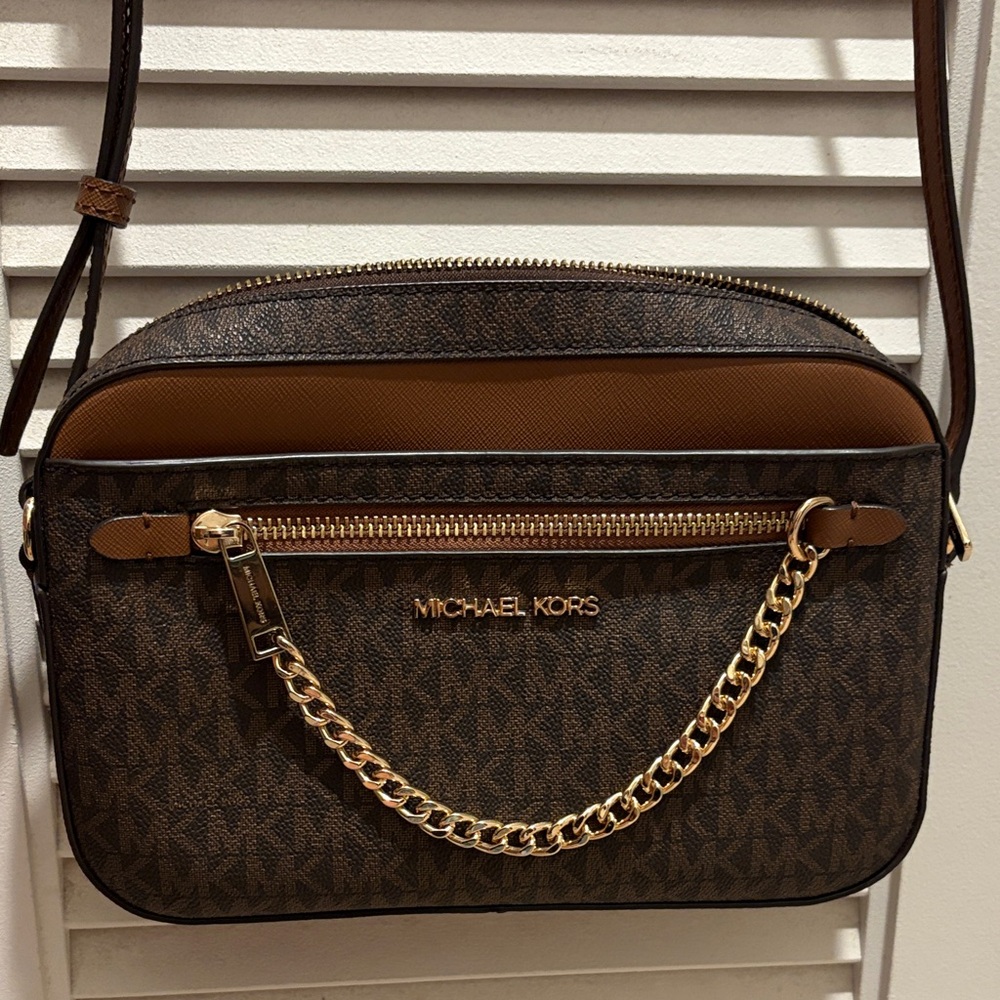 Michael Kors Brown and Tan Signature Crossbody with Gold Chain